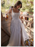 Ivory 3D Floral Lace Tulle Slit Glitter Wedding Dress